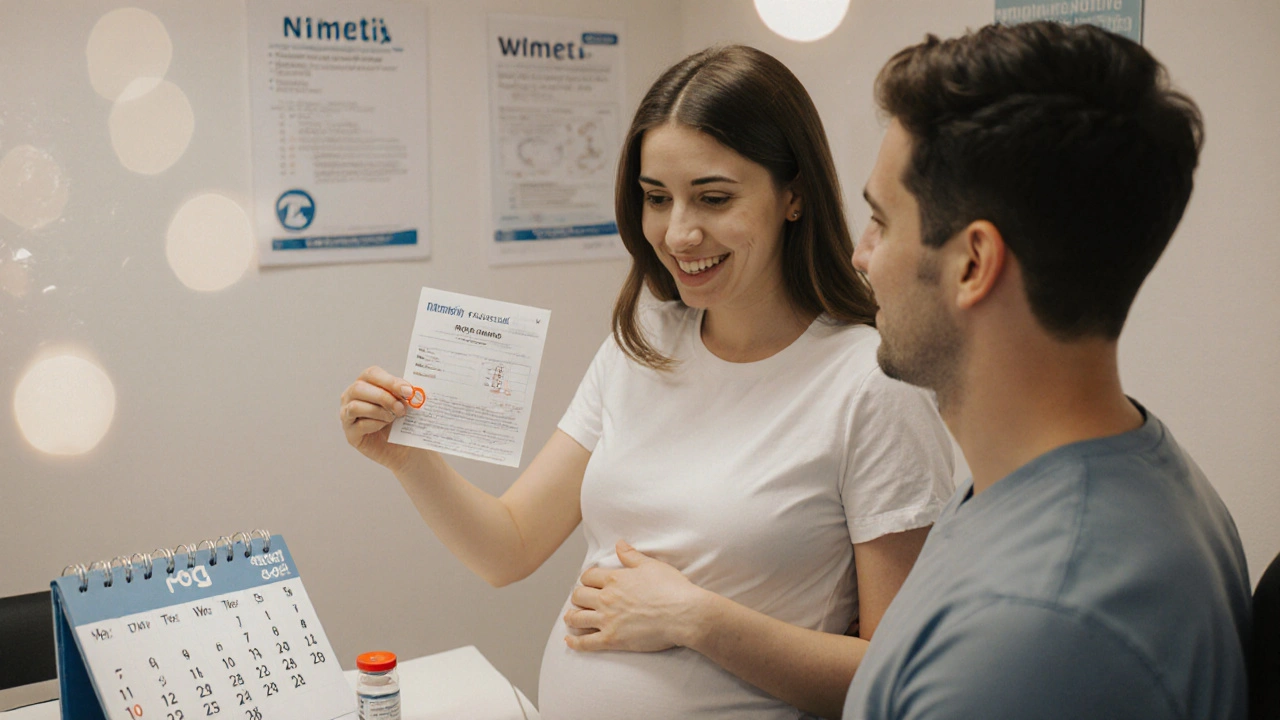 Těhotná žena s výsledkem krevního testu na protilátky v lékařské ordinaci.