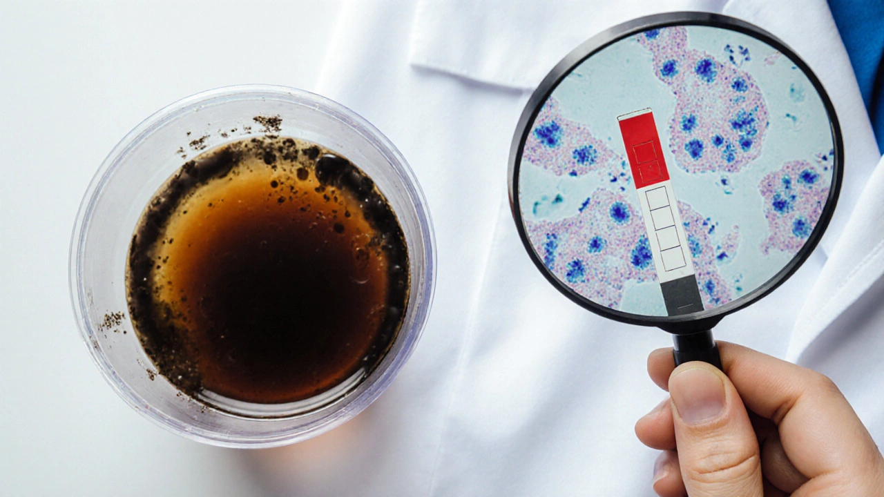 Tmavá moč v kelímku s mikroskopickými poškozenými filtry ledvin viditelnými pod lupou.