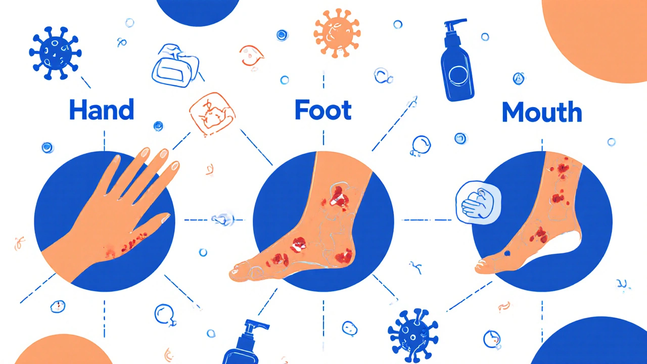 Tři kruhy znázorňující ruku, nohu a ústa s vyrážkou a hygienickými symboly.