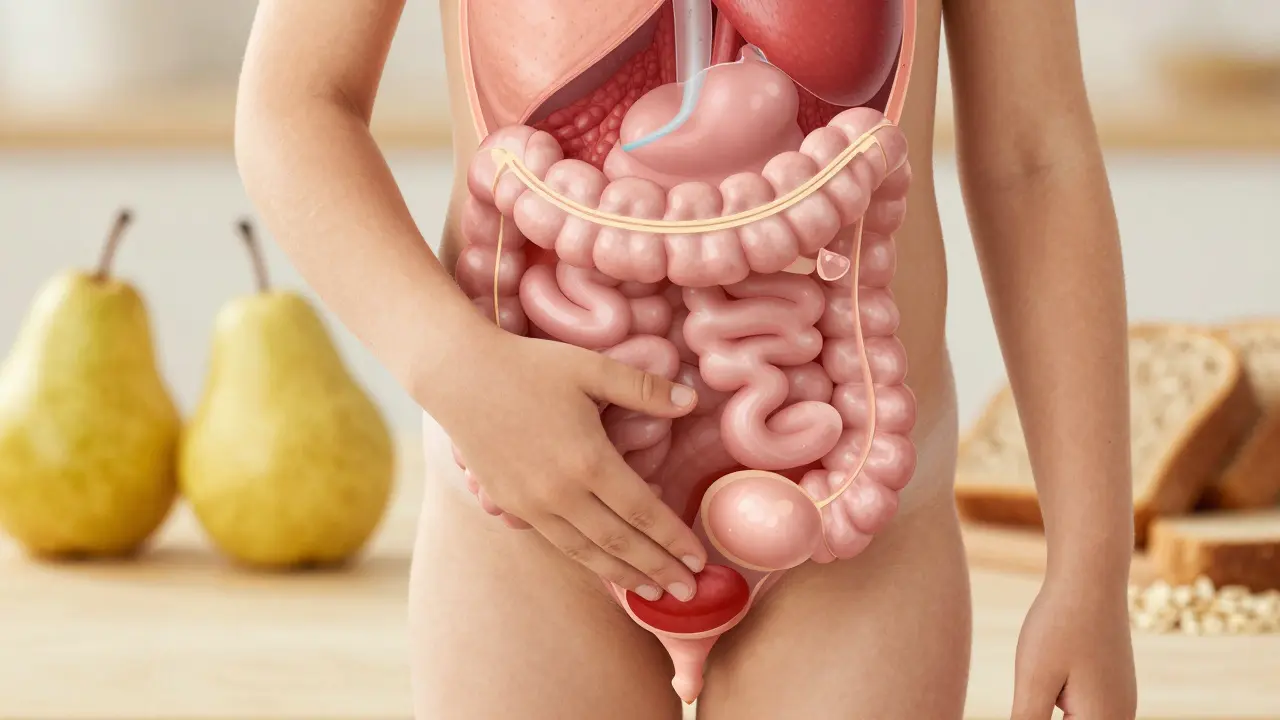 Anatomický náčrt ukazující tlak střev na močový mech u dítěte s zácpou.