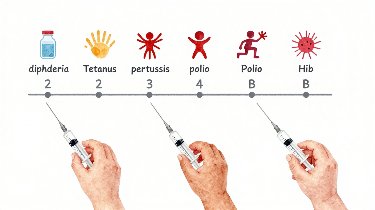 Časová osa očkování dítěte ve 2, 3 a 5 měsících s ikonami šesti nemocí, které vakcína chrání.