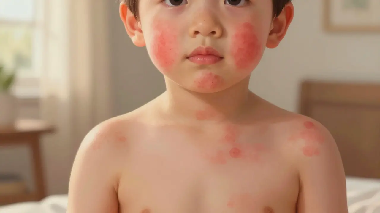 Červená vyrážka se šíří od obličeje dítěte po hrudník a paže, bez svědění, pokožka je hladká.