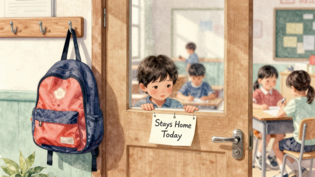 Dětský batoh visí venku u třídní dveře, uvnitř hrají ostatní děti.