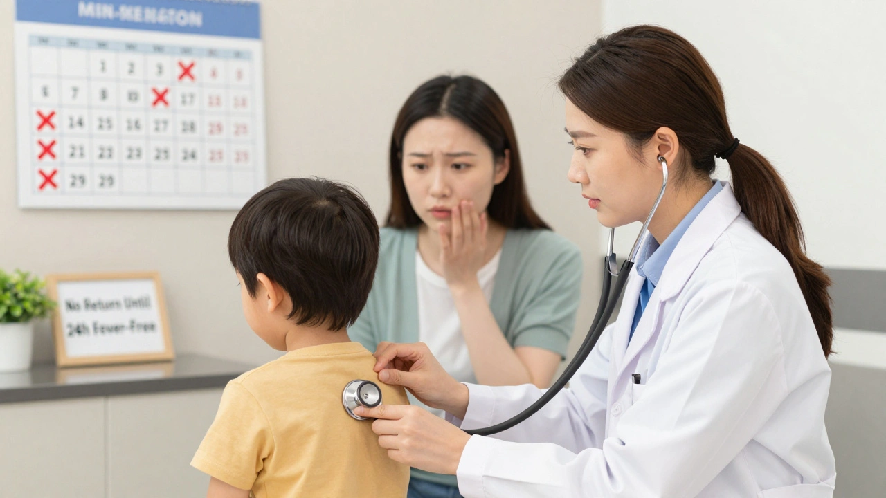 Dětský lékař vyšetřuje dítě se stetoskopem, na pozadí kalendář s přeškrtnutými dny.