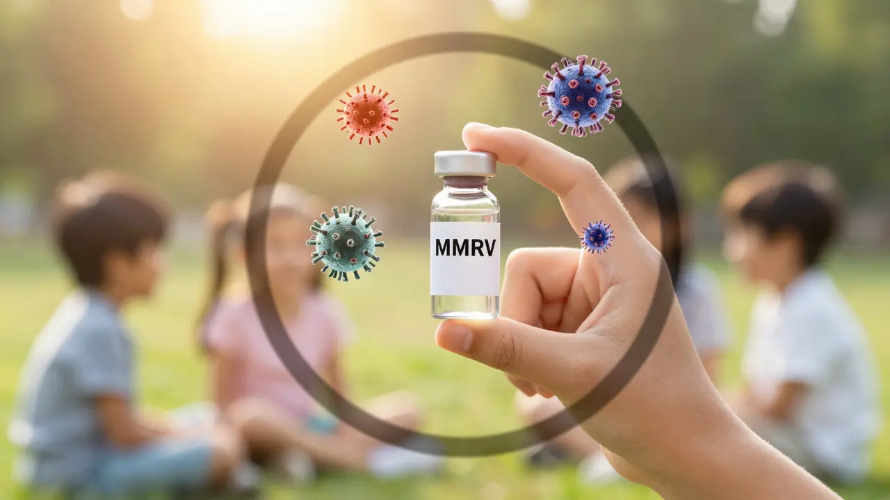 Dítě drží očkovací lahvičku, kolem ní plavou virové částice, symbolizující imunitu.