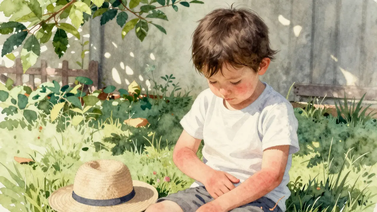 Dítě hraje ve stínu pod stromem, lehká vyrážka na kůži, klidné prostředí.