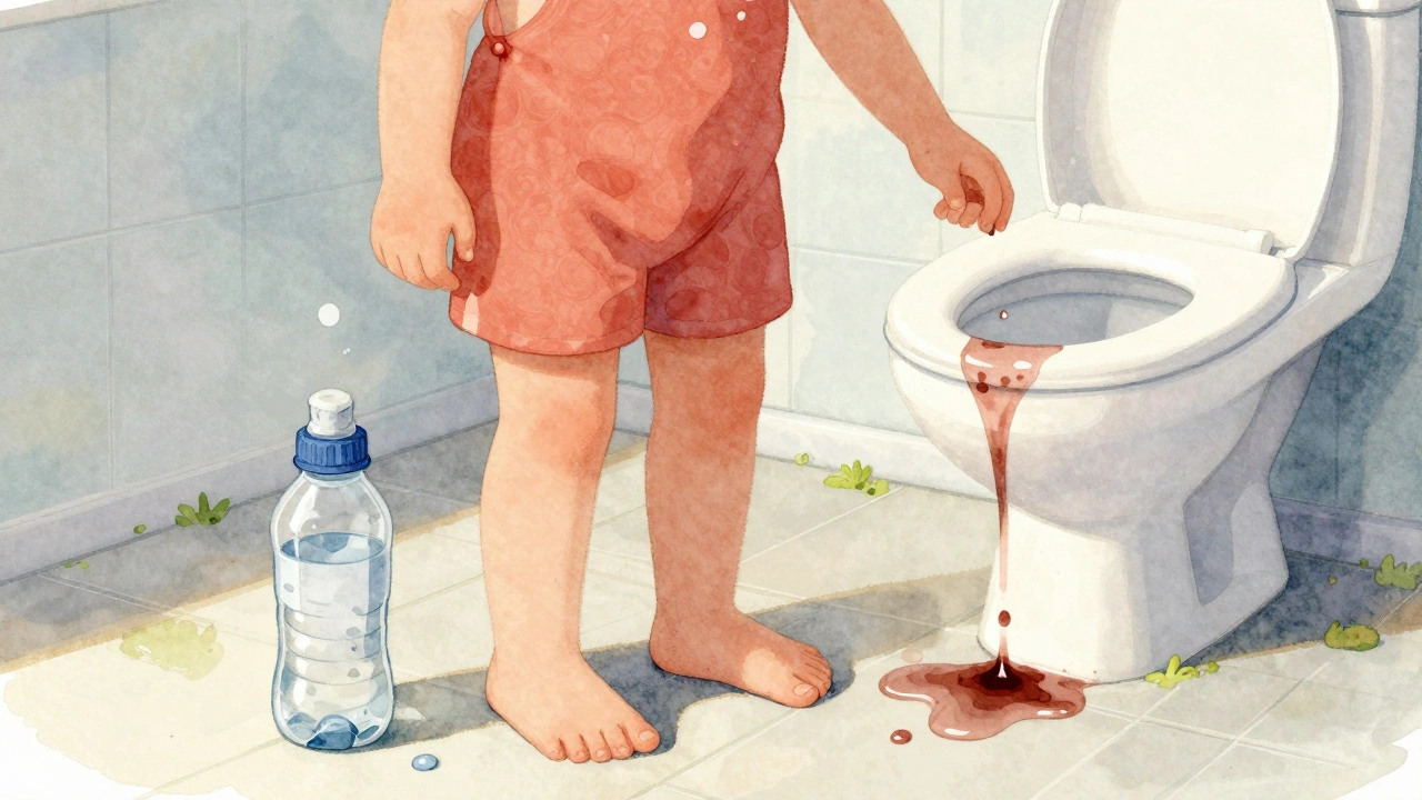 Dítě hraje venku, ale tmavá moč a suché rty naznačují dehydrataci.