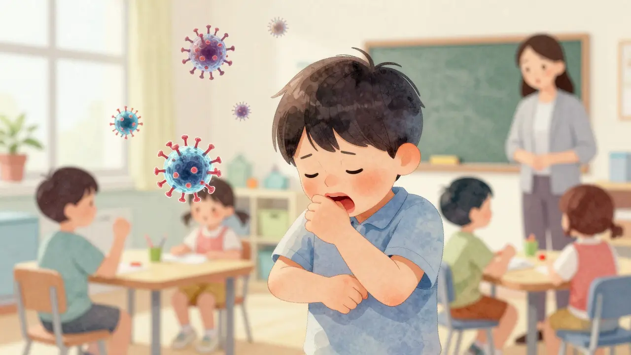 Dítě kašle do lokte ve třídě, ostatní děti hrají, viry jsou viditelné jako obláčky ve vzduchu.