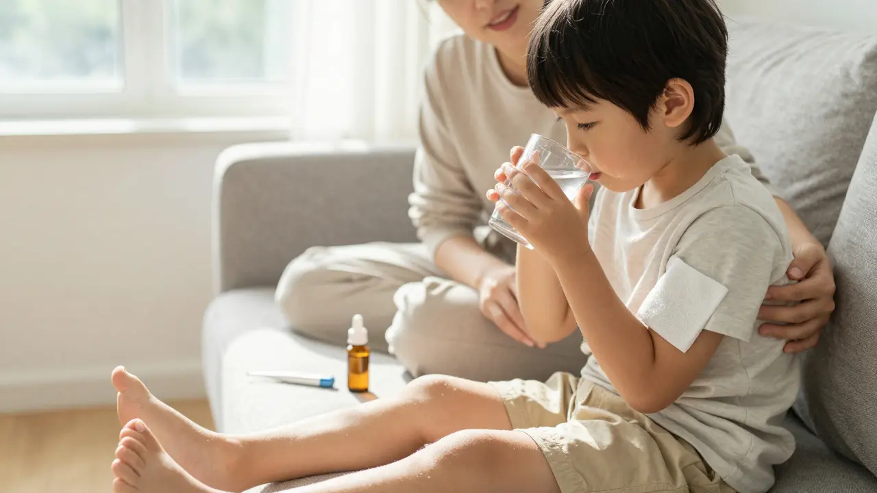 Dítě pije vodu na kanapce během zotavování po horečce.