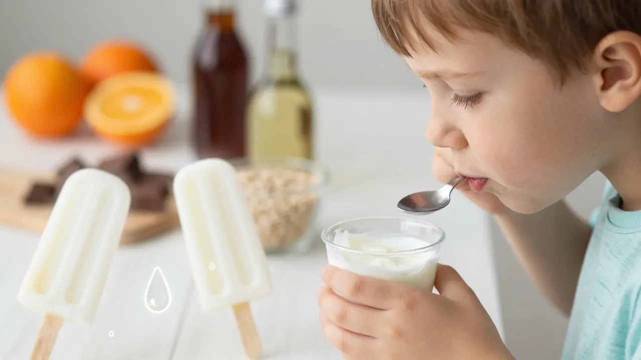 Dítě pije zmrzlý jogurt, zatímco nebezpečné potraviny jsou v pozadí zastřeny.