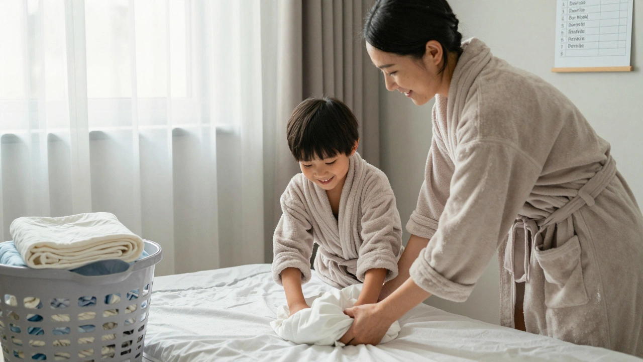 Dítě pomáhá rodiči měnit prostěradla s radostným výrazem.