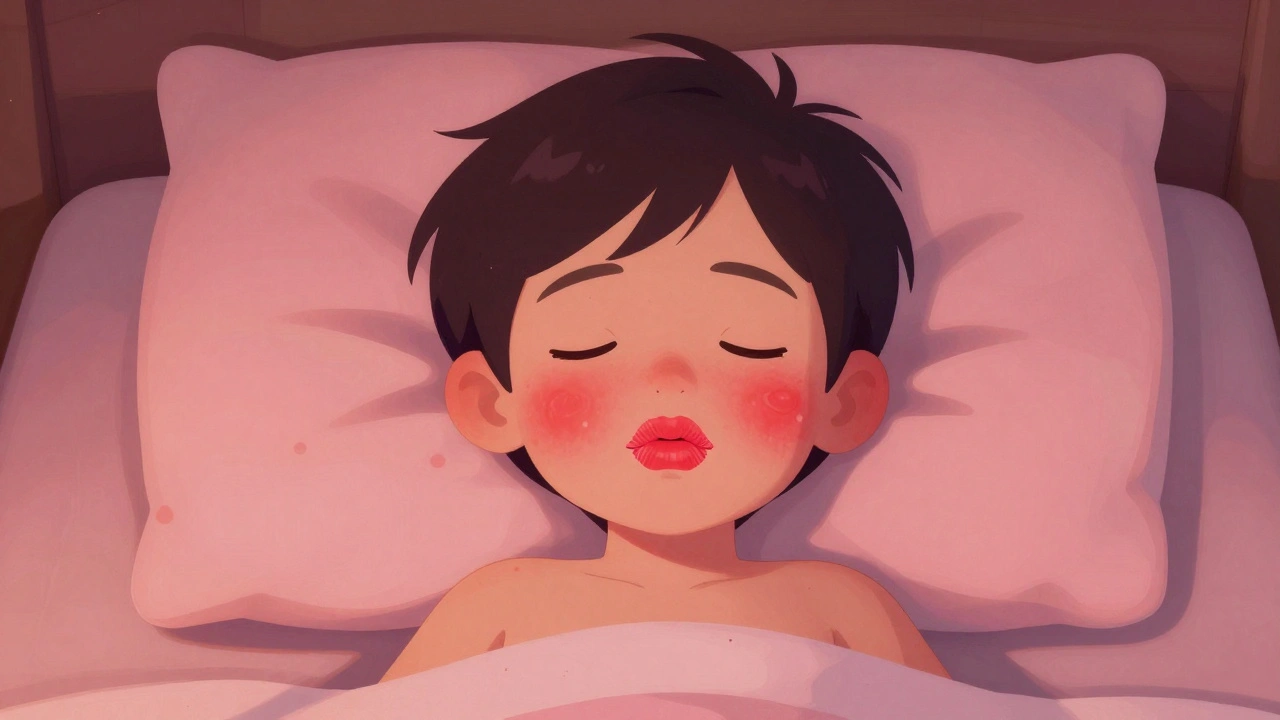 Dítě s jasně červenou vyrážkou na tvářích, ležící v posteli s příznaky infekce.