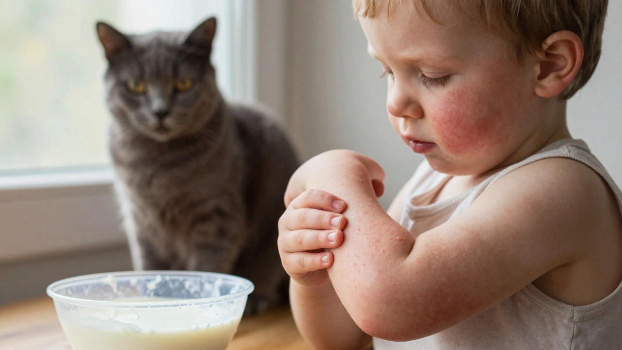 Dítě s suchou, svědící vyrážkou na tvářích a loktech, poblíž vylitého mléka.