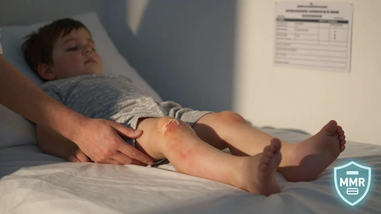 Dítě s vybledávajícím výrůstkem v posteli, rodič drží jeho ruku, na pozadí viditelná očkovací karta.