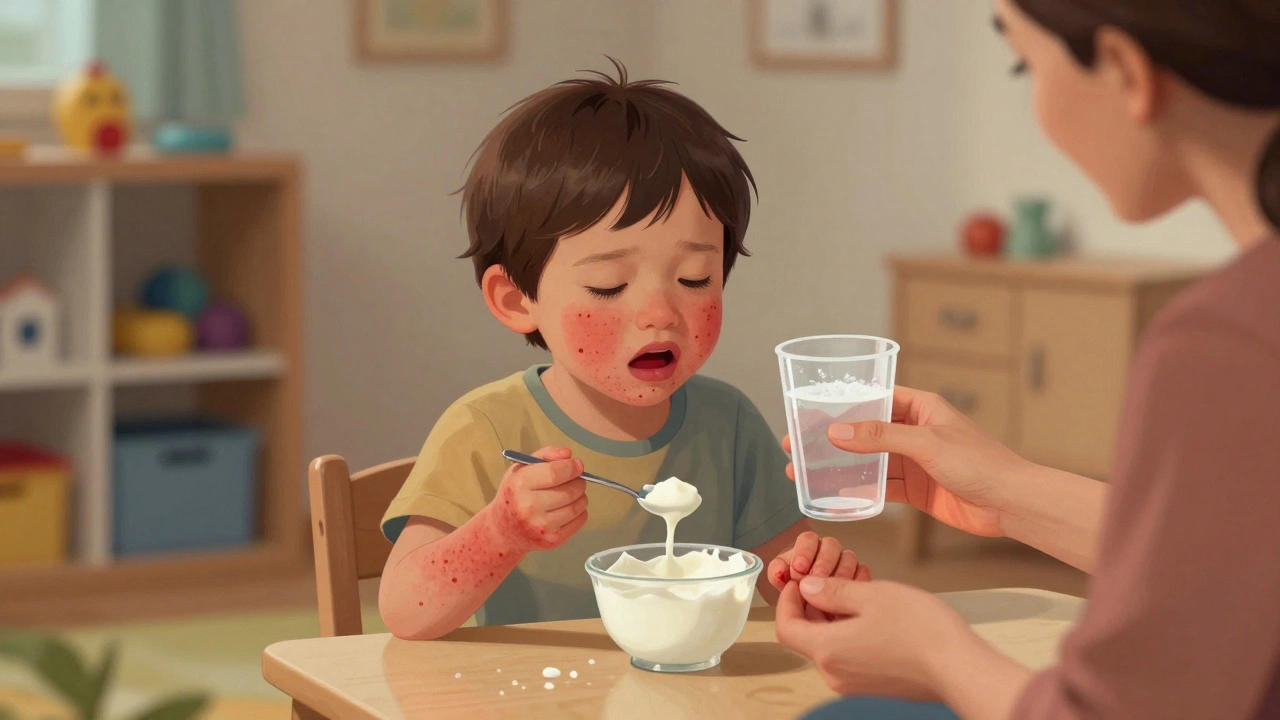 Dítě s vyrážkami v ústech a na rukou jí chladný jogurt.