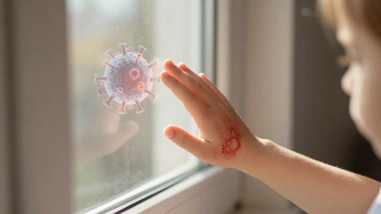 Dítě se dotýká slunečního paprsku, kde vyrážka postupně mizí, symbolizující uzdravení.