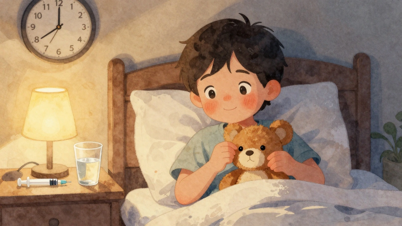 Dítě se směje a hraje v posteli, i když má horečku, sklenice vody vedle.