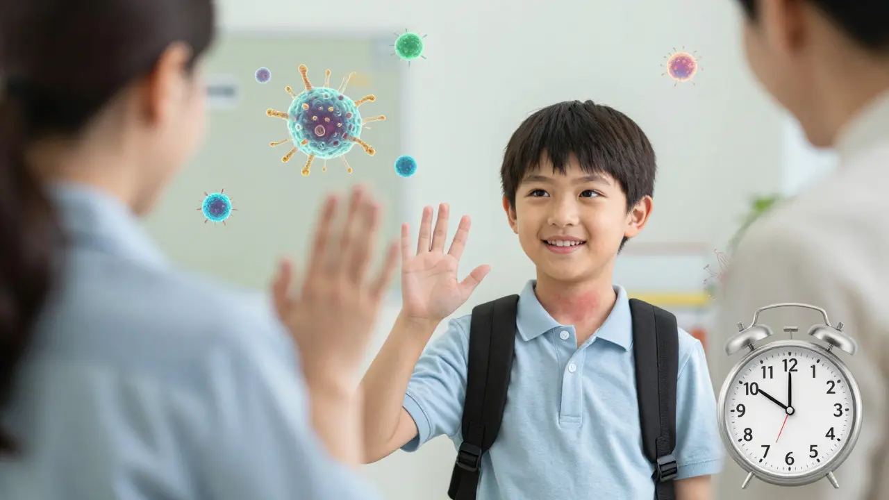 Dítě se vrací do školy s ještě viditelnou vyrážkou, ale už se cítí dobře.