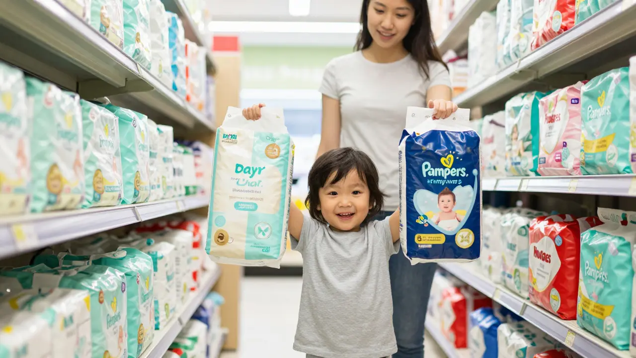 Dítě si vybírá noční plenku v obchodě spolu s rodičem, směje se a drží dvě balení.