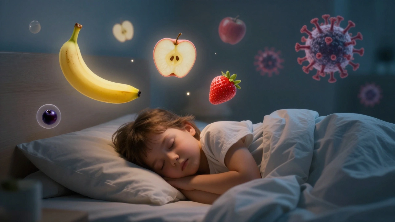 Dítě spí, kolem něj plavou světlé tvary ovoce, které symbolizují podporu imunity.