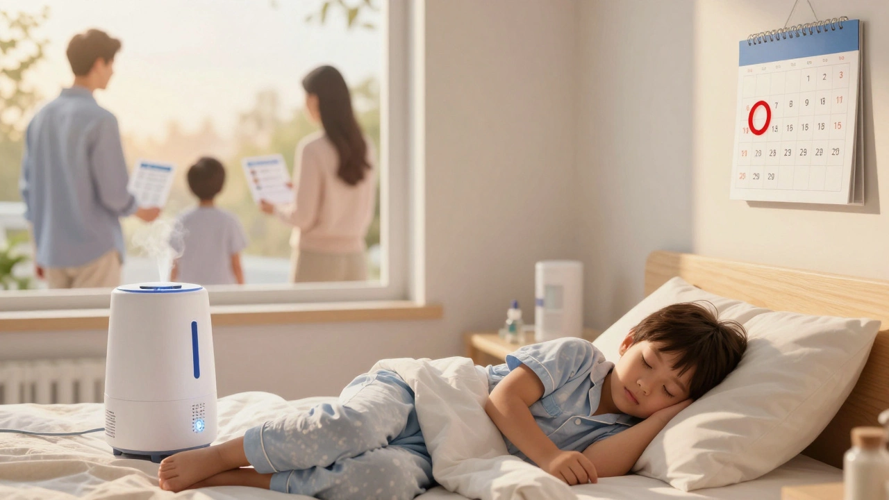 Dítě spí v pokoji s vlhčovačem vzduchu, na zdi je kalendář s očkováním proti chřipce.