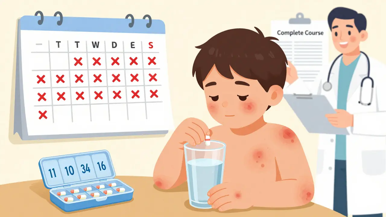 Dítě užívá antibiotika, vedle něj je kalendář s označenými dny léčby.