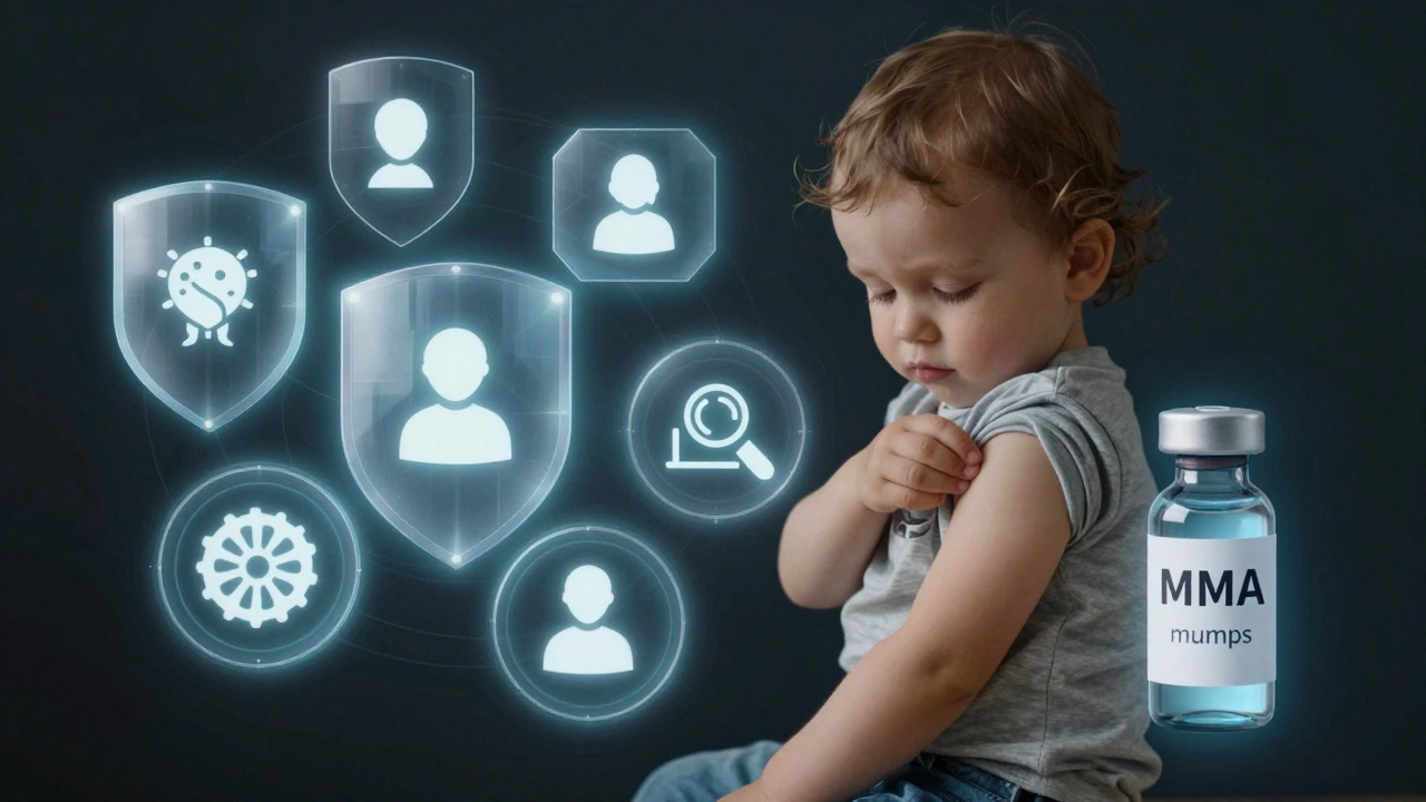 Dítě ve 15 měsících dostává boostrovou dávku, kolem něj se objevují štíty imunity a vaky MMA.