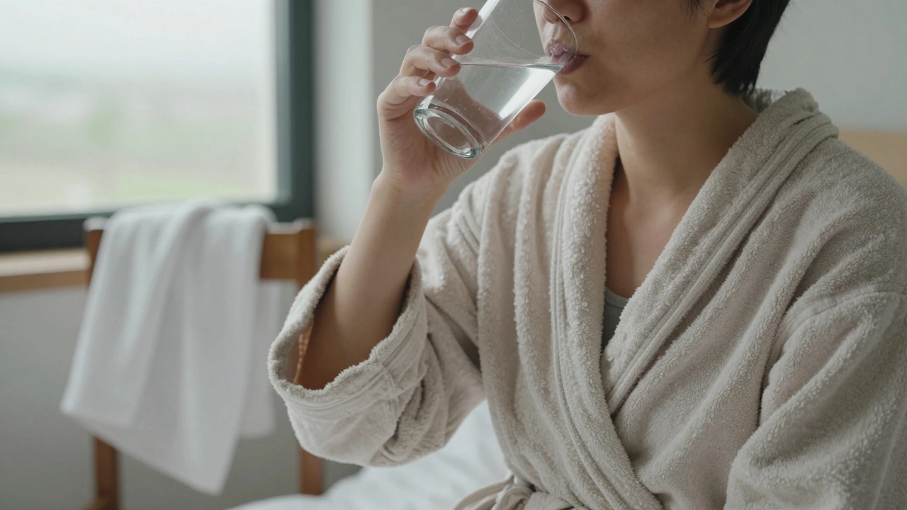 Dospělý pije tekutinu v posteli, obalený v lehké plátnové rouše, klidná scéna uzdravování.