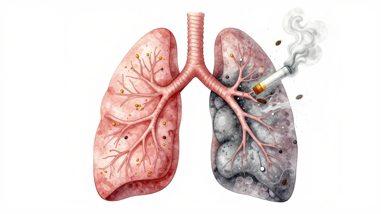 Ilustrace plic s uzavřenými průduškami a alergény jako příčinou astmatu.
