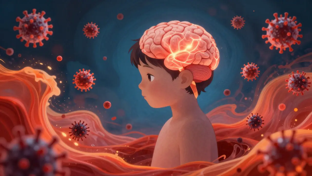 Ilustrace těla dítěte s imunitními buňkami bojujícími proti virům při horečce.