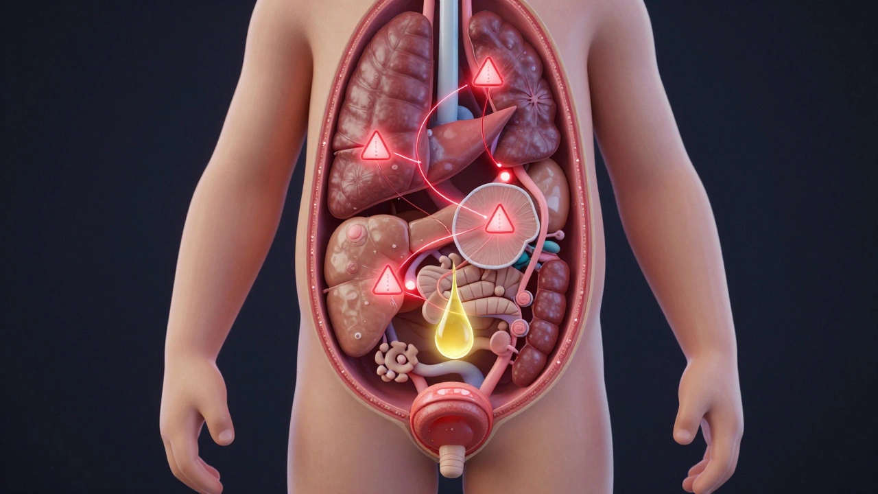 Křížový řez těla dítěte ukazující nízké množství tekutin a koncentrovanou moč.