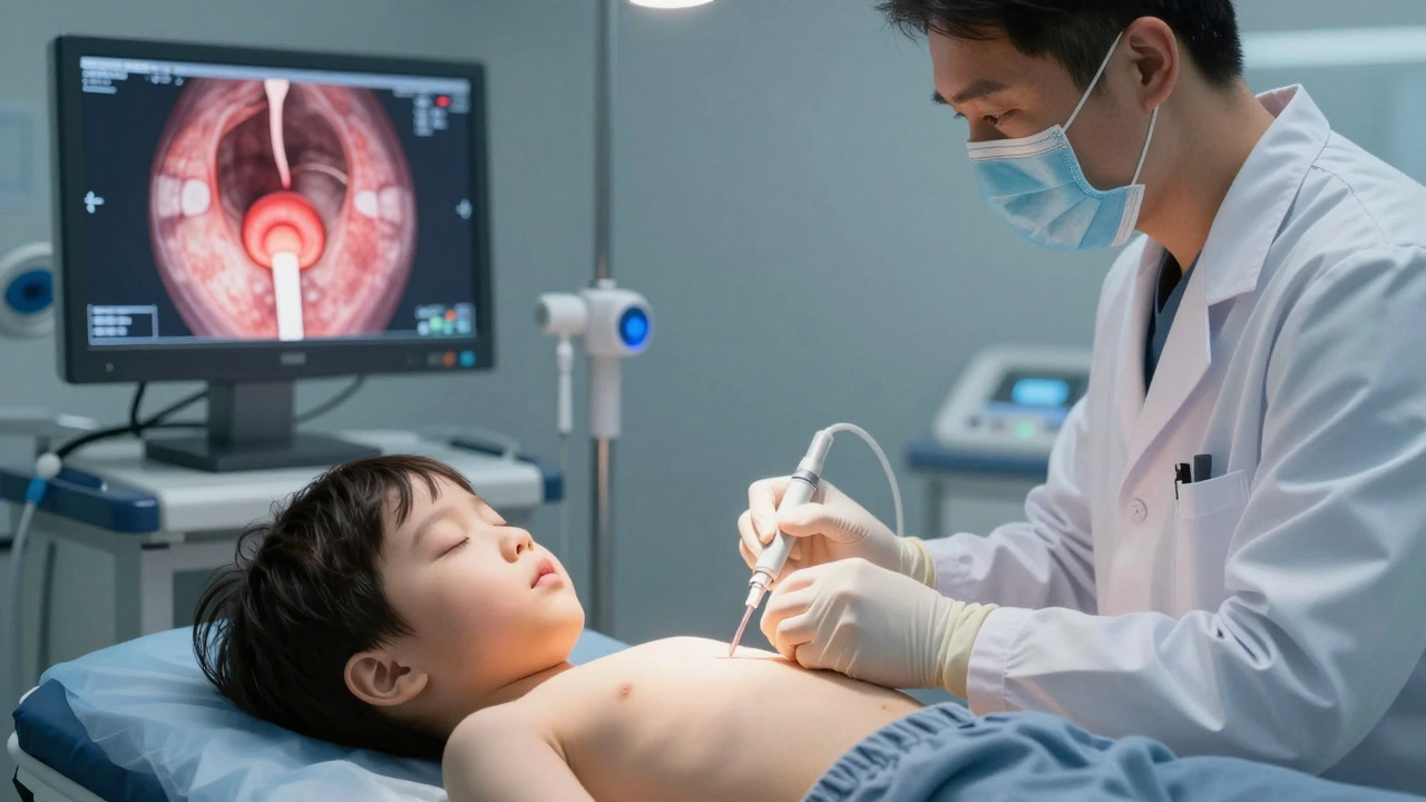 Lékař provádí cystoskopii spícímu dítěti, viditelný nádor na stěně močového měchýře.