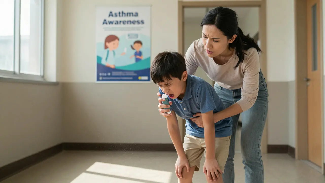 Matka a učitelka pomáhají dítěti s astmatem ve školní chodbě.