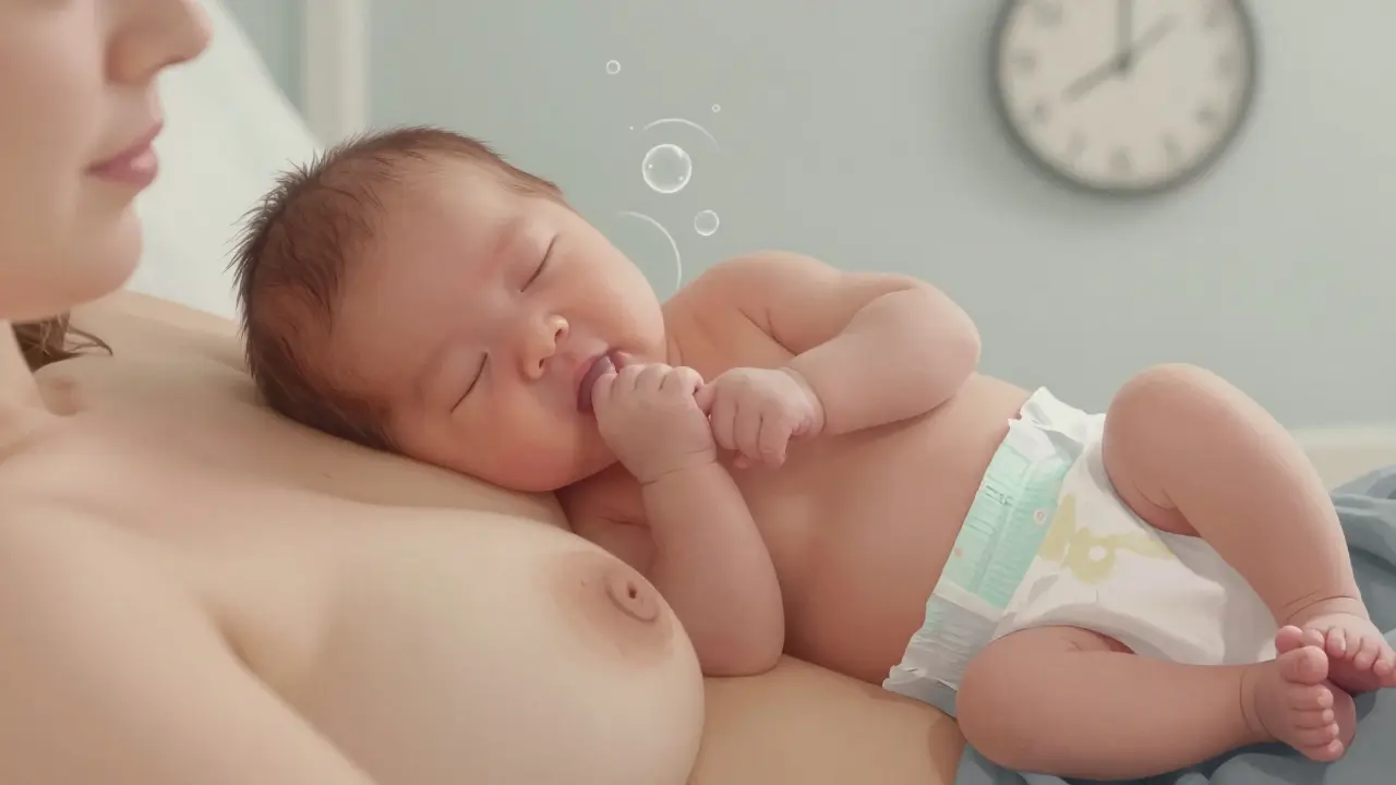 Novorozenc po krmení klidně spí na prsí matky, tělo uvolněné, bez napětí.