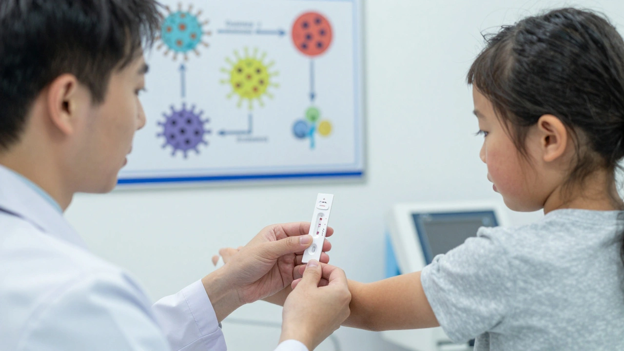 Pediátr drží rychlý test na streptokoky, rodič pozoruje s obavami.