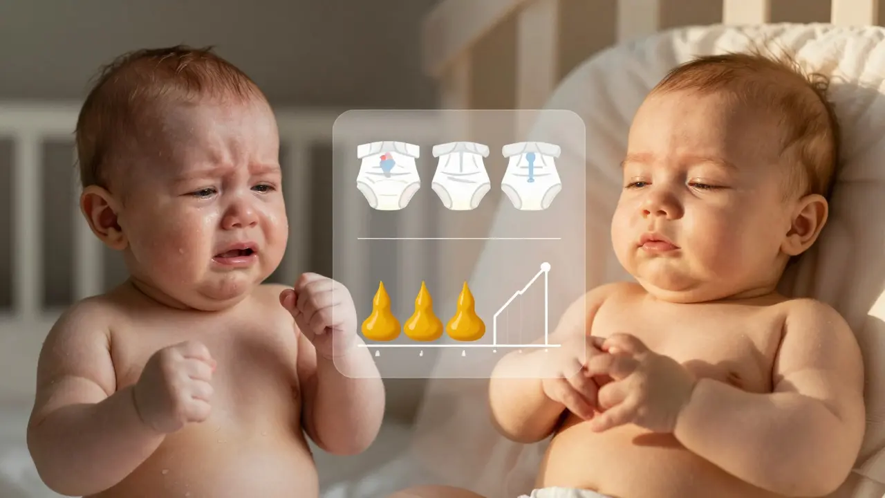 Porovnání klidného a neklidného dítěte po krmení: jedno spí klidně, druhé se chvěje a pláče.