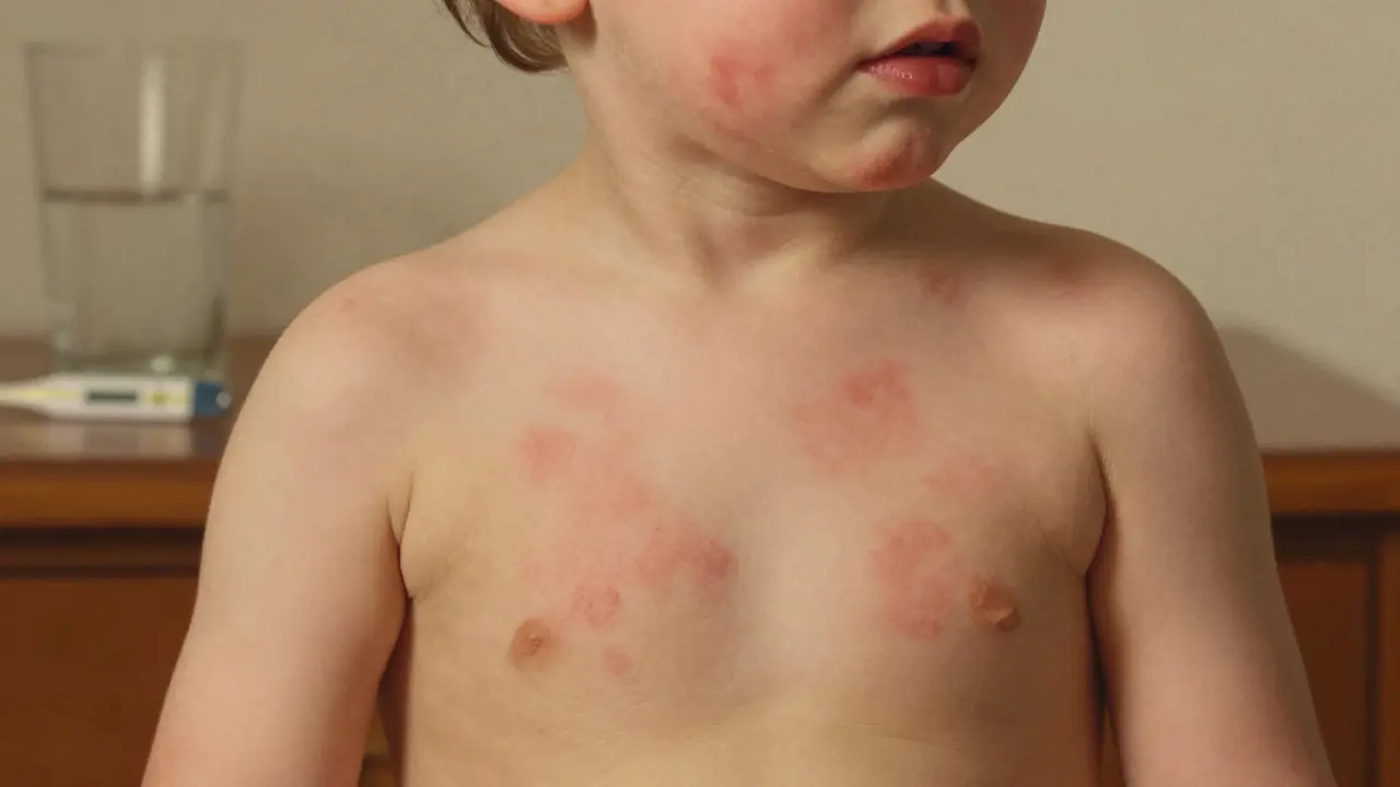 Postupné šíření červeného výrůstku od krku k hrudi u dítěte s viditelnými Koplikovými skvrnkami v ústech.