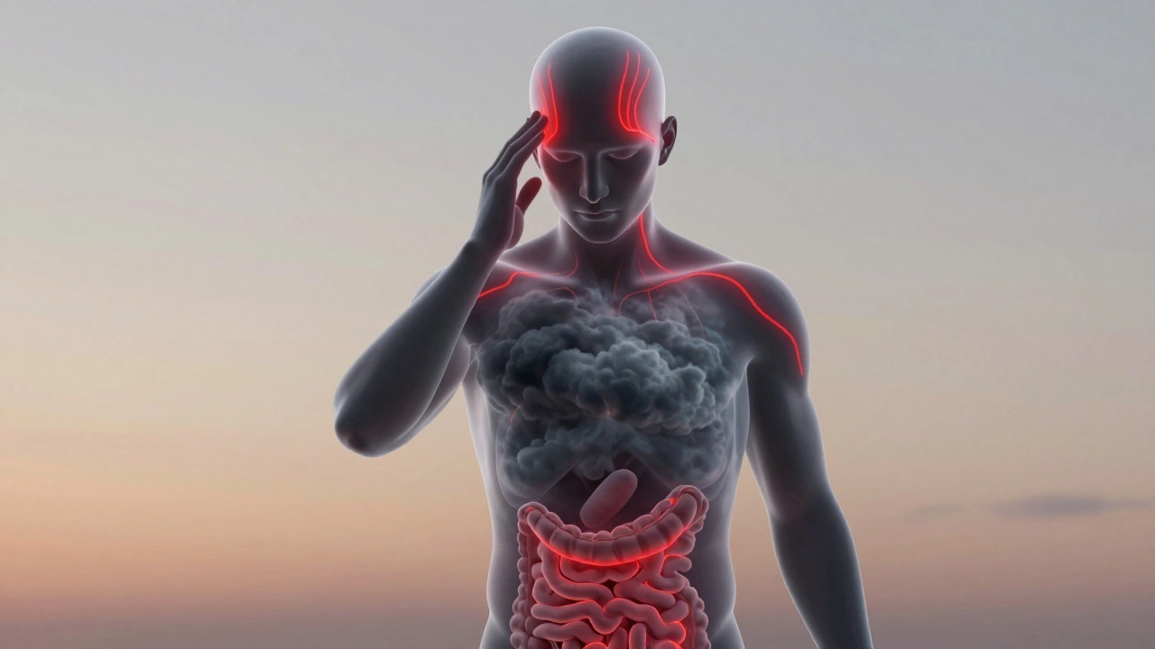 Průhledný lidský tělo s temnými energetickými vlnami v hrudi a hlavě, červené linie napětí se šíří od spánků a ramen.