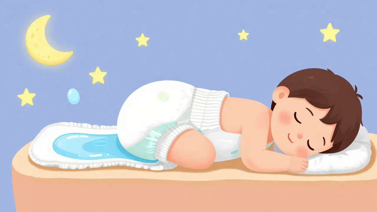 Průřez noční plenky s zvýšenou absorpcí v zadní části, mokro je bezpečně zadrženo.