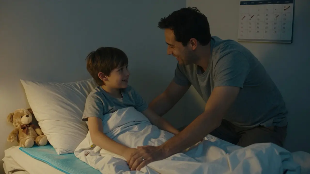 Rodič a dítě spolu mění postele v klidné noční atmosféře, cítí se bezpečně.