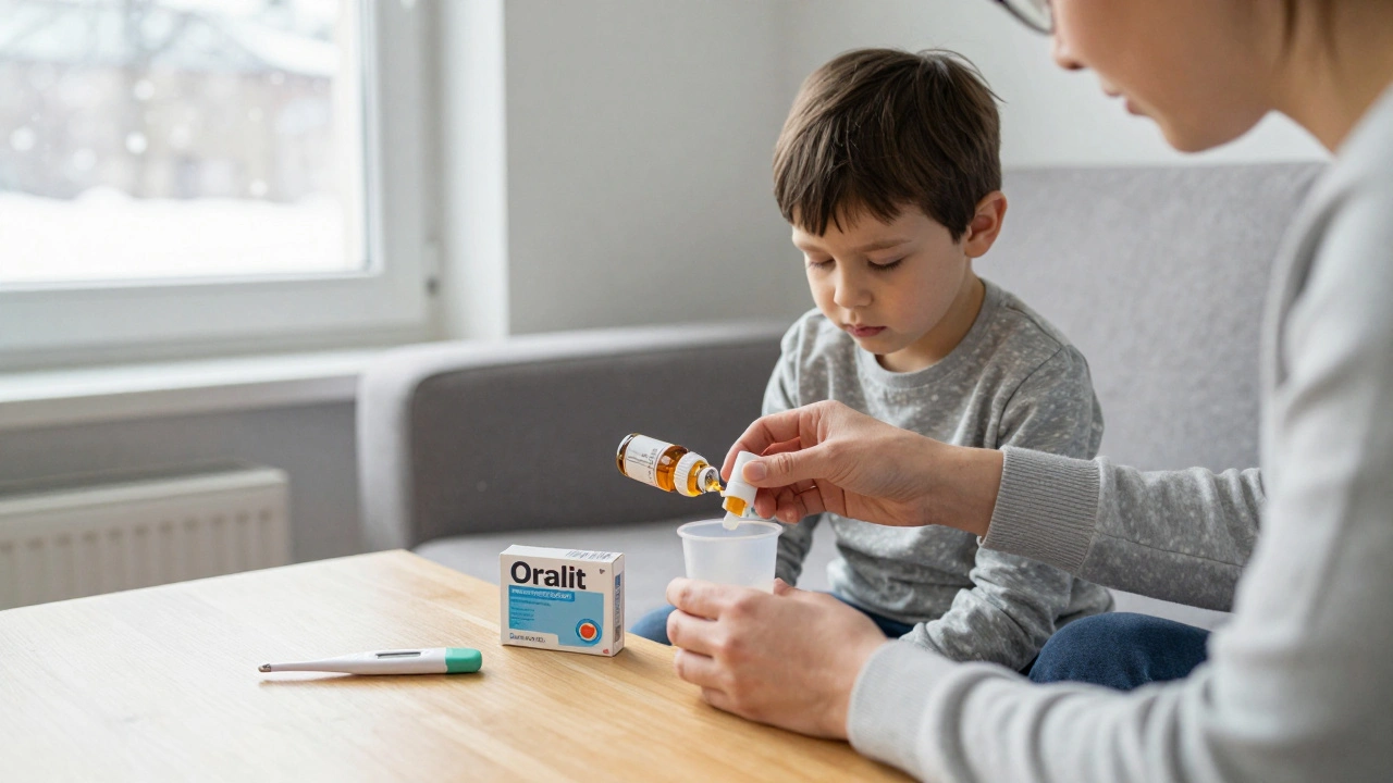 Rodič dává dítěti paracetamol a elektrolytový roztok, teploměr a Oralit jsou na stole.