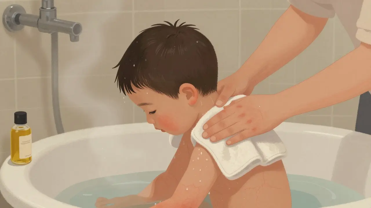 Rodič jemně osušuje dítě po koupeli, viditelná vyrážka na pažích.