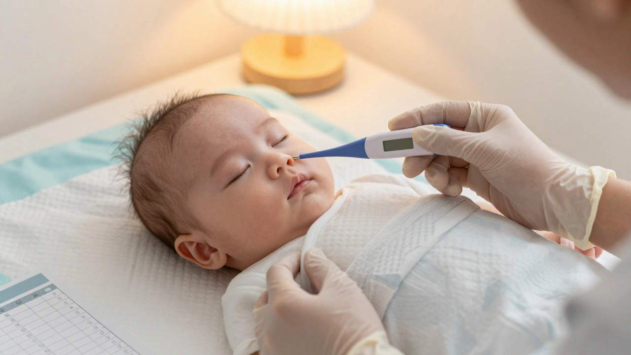Rodič měří teplotu kojence rektálně na čisté stolice, teploměr v ruce.