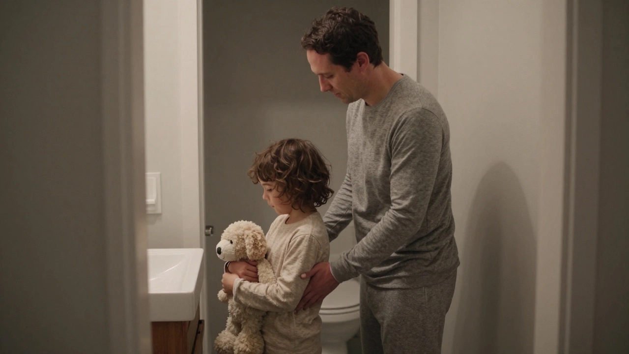 Rodič vede dítě na záchod večer, oba v nočním oblečení.