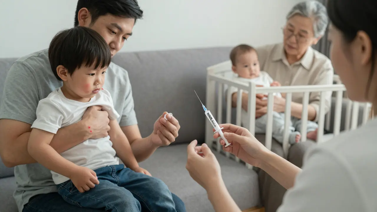 Rodina v domácnosti: jeden člen podává očkování, druhý drží novorozence, třetí sleduje nemocné dítě — symbol ochrany před spalničkami.