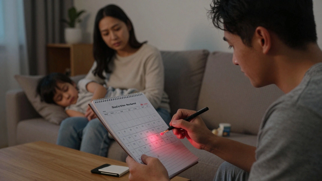 Rodina zaznamenává příznaky nočního pomočování a krve v moči v poznámkovém bloku.