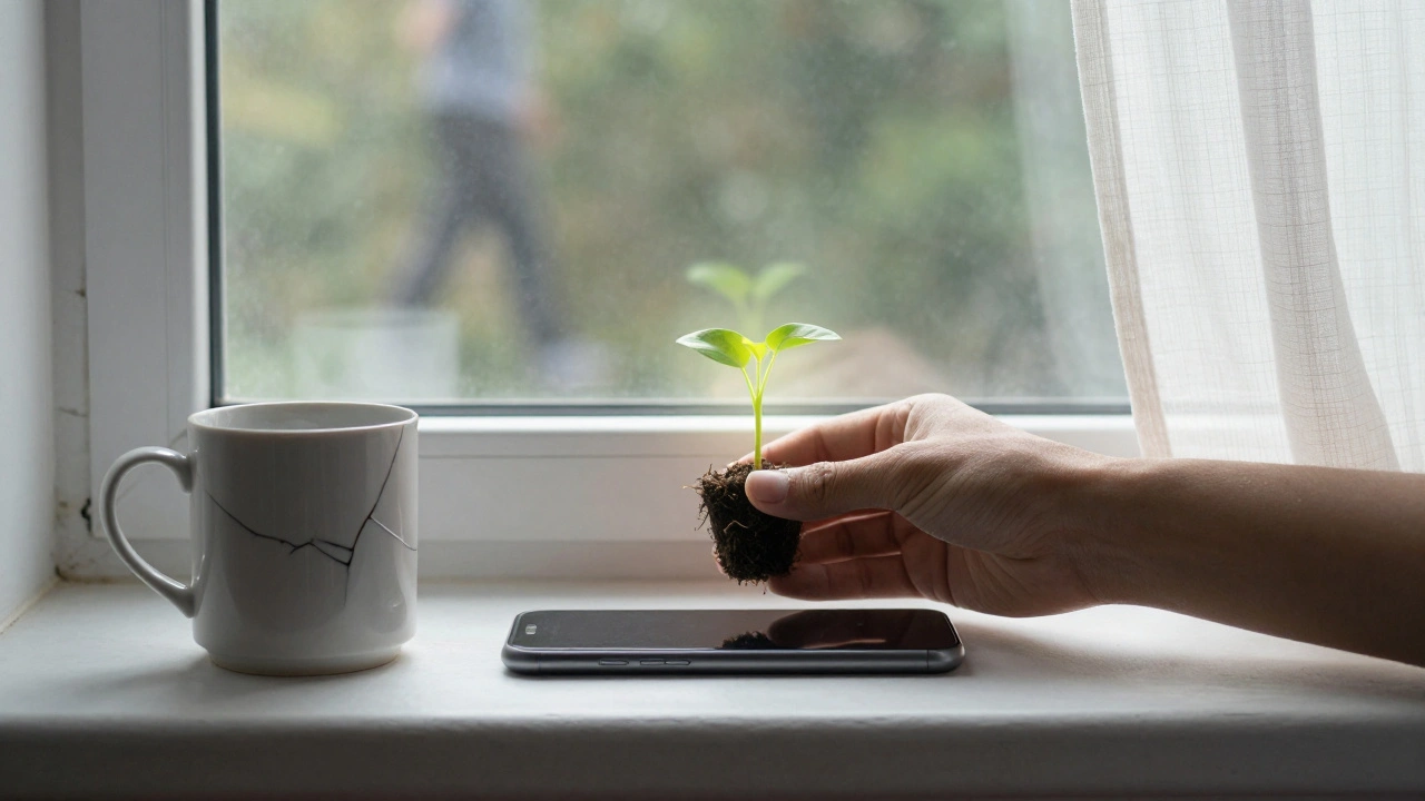 Ruka klade malou zelenou rostlinu na okno vedle rozbité šálky, jemné ranní světlo osvětluje klidný prostor.