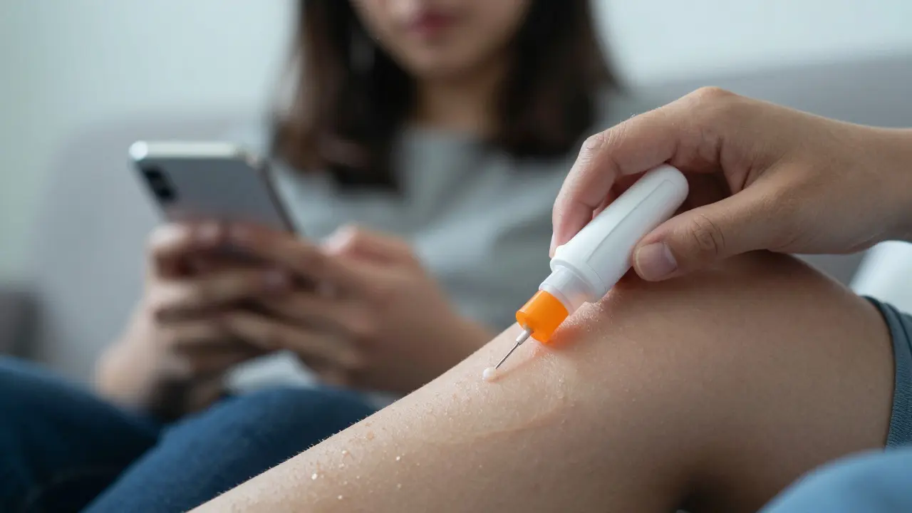 Ruka stlačuje epinefrinové pero na stehně dospívajícího, v pozadí nejistá osoba volá na telefon.