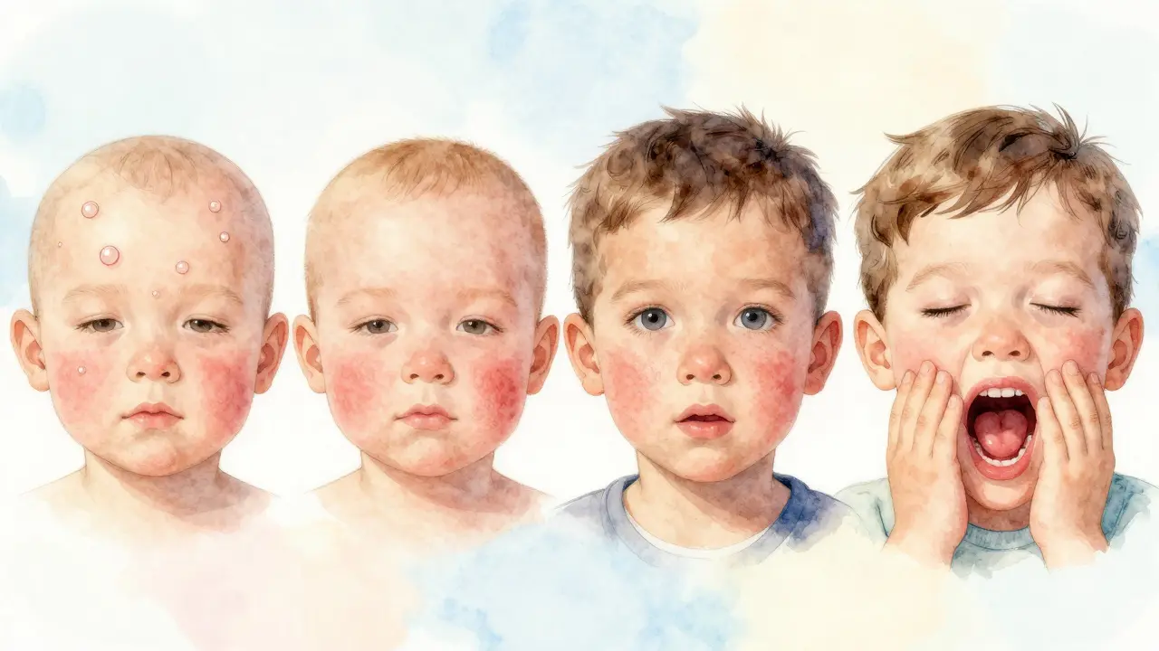 Srovnání čtyř typů vyrážek u dětí: neštovice, zarděnky, červenky a hand-foot-and-mouth.