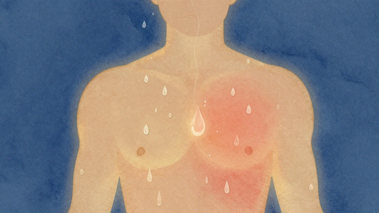 Tělo v siluetě s vypařujícími kapkami potu, symbolizující ochlazování po horečce.